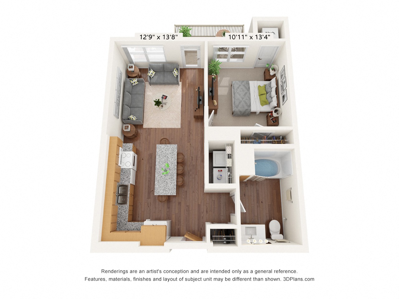 Floor plan for 1 bed, 1 bath, 663 sqft